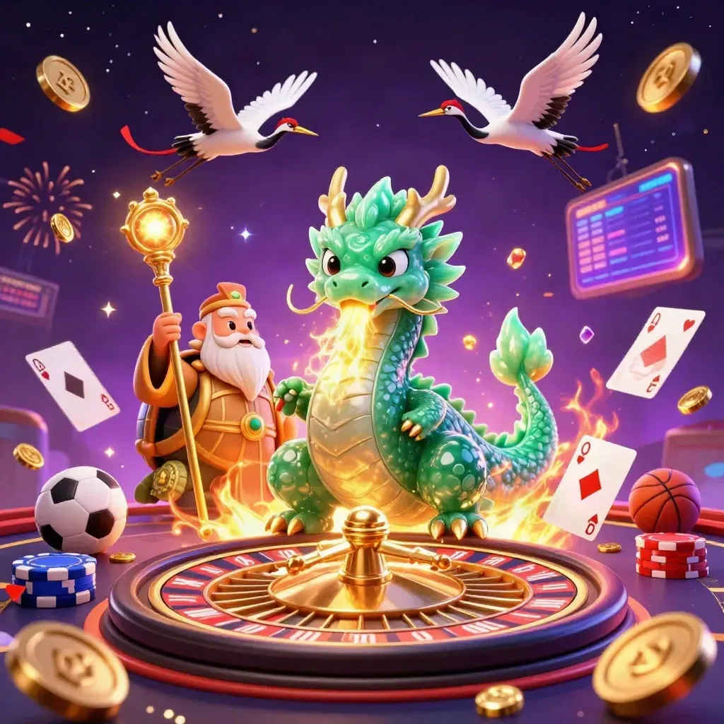 Emerald dragon, turtle sage, and cranes in a cosmic casino burst with coins, cards, and neon fire.