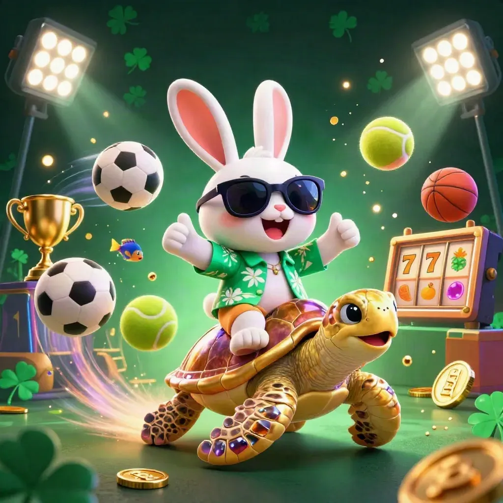 Cartoon rabbit in sunglasses rides a jeweled golden sea turtle through cosmic casino lights.