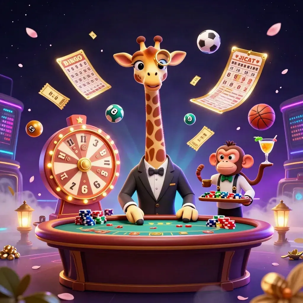 Giraffe, monkey and chameleon at a neon poker table as sports balls and casino chips explode