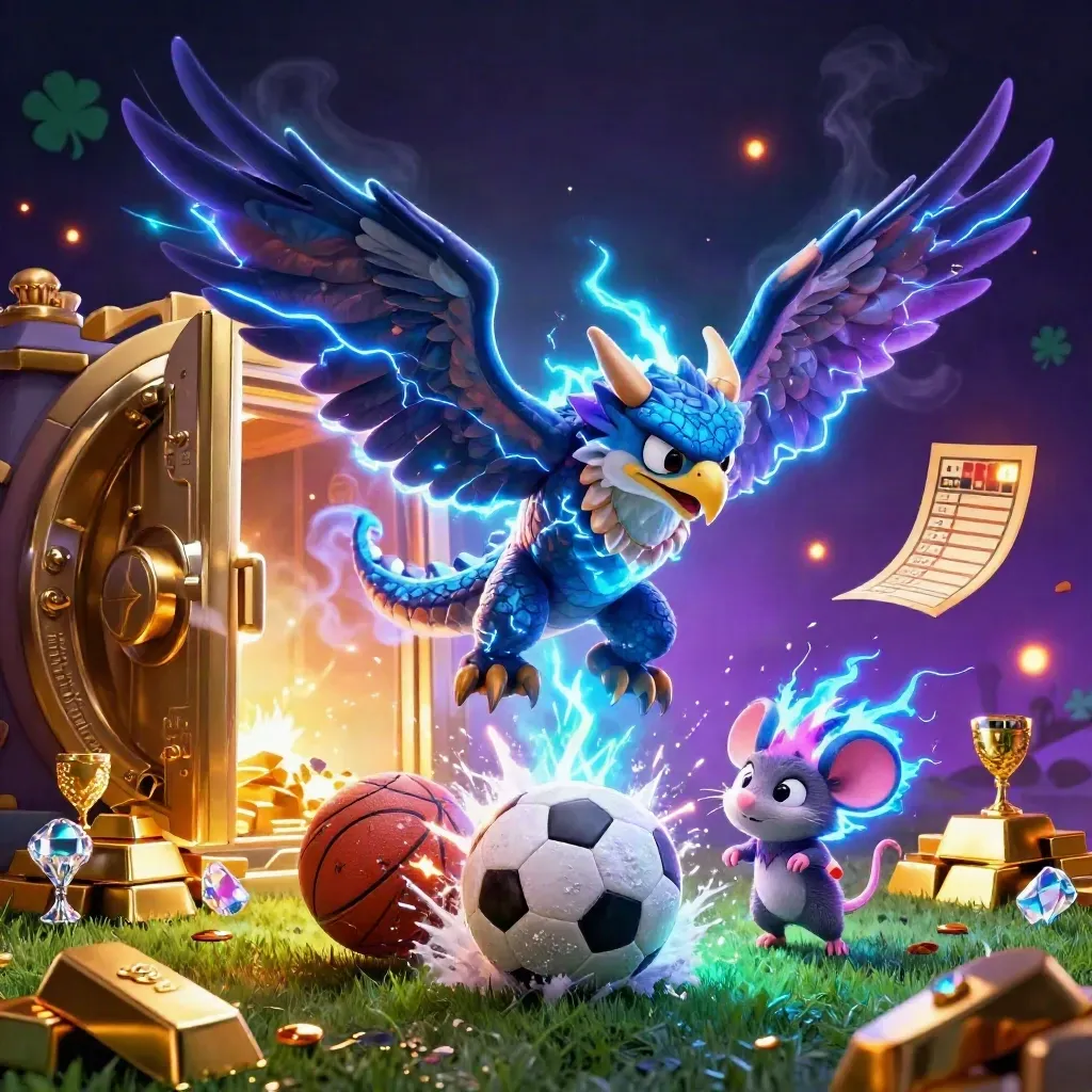 Lightning dragon, hawk and mouse amid a golden vault, soccer ball, basketball and casino glow.
