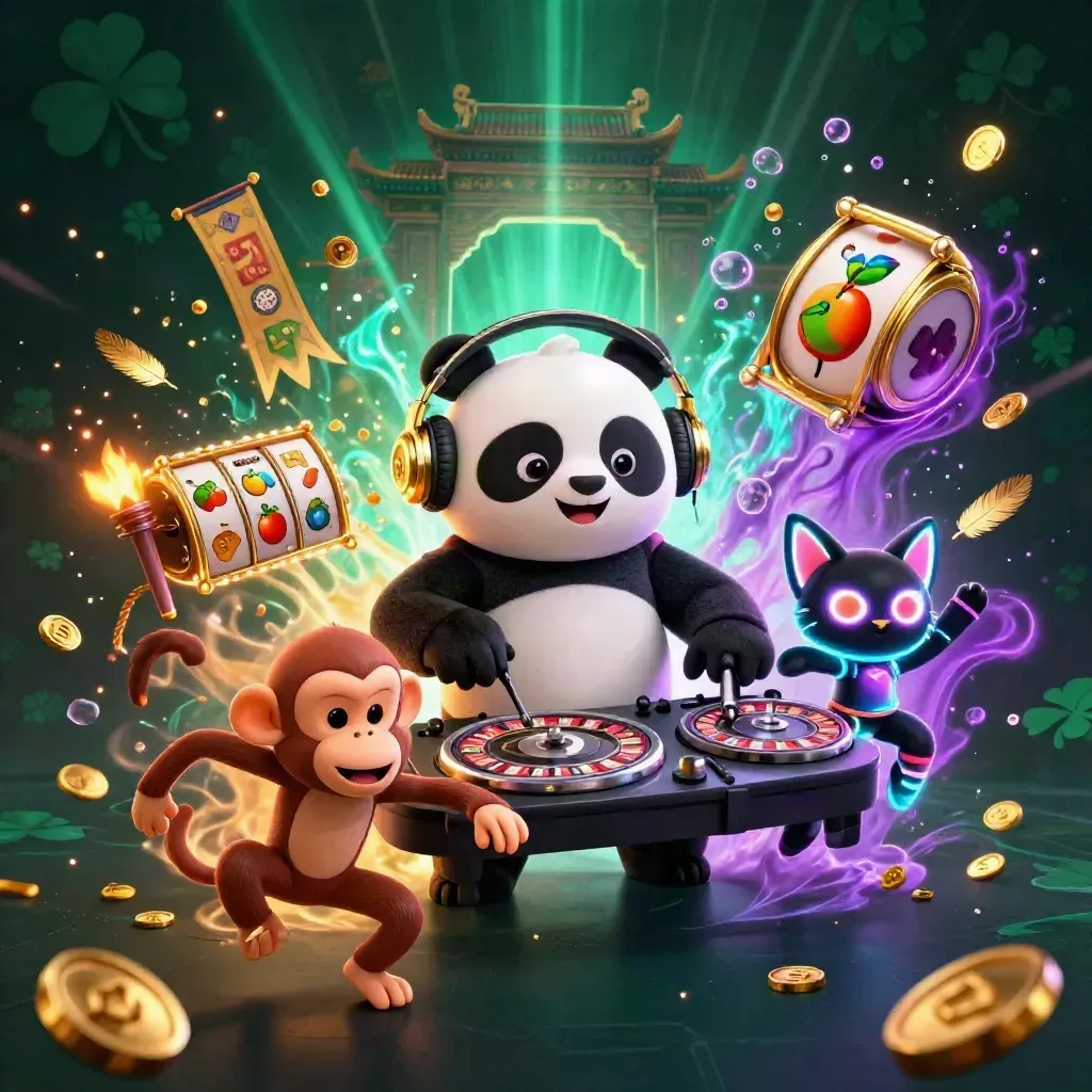 Panda DJ, dancing monkey, and glow-cat in cosmic casino action with gold bursts and cyan light.