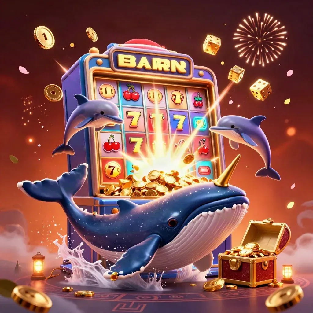 Whale captain, narwhal, dolphins, coins, slot machine, fireworks, treasure, glowing cosmic casino scene.