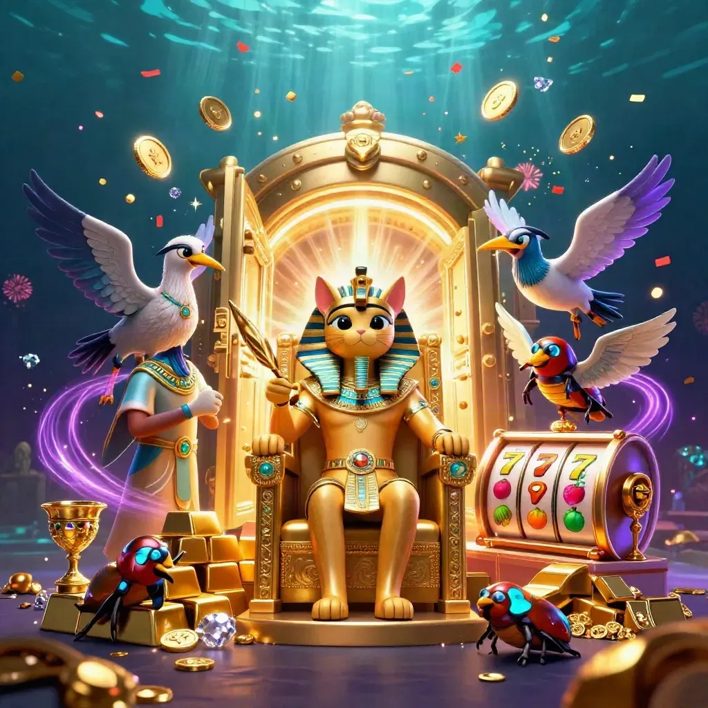 Pharaoh cat, ibis scribe and gem-wing scarabs amid vault treasure, reels and cosmic fireworks.