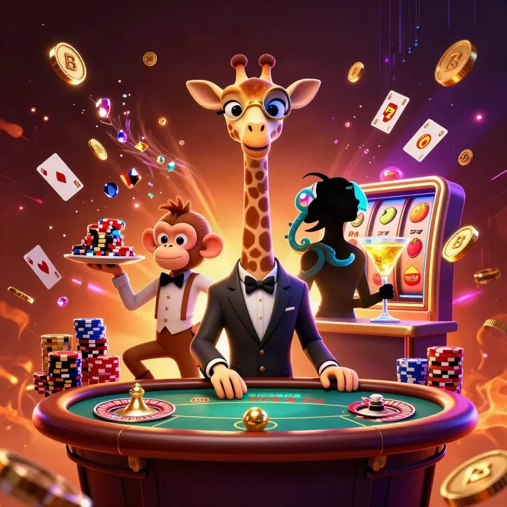 Giraffe high roller, monkey valet, and chameleon bartender amid cosmic casino effects.
